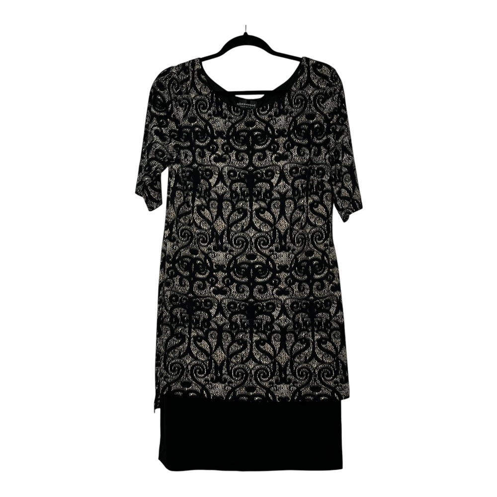 Connected Apparel Womens Metallic Damask Layered Sheath Dress Black Gold Size 12